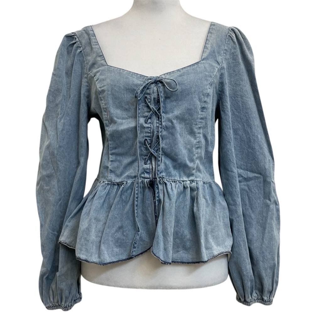 Pink Rose Light Wash Denim Cotton Chambray Corset Peplum Puff Sleeve Top